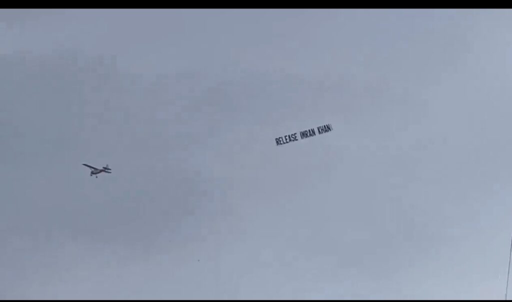 A plane displaying the phrase ‘Release Imran Khan’ was observed flying during the T20 World Cup match between India and Pakistan in New York