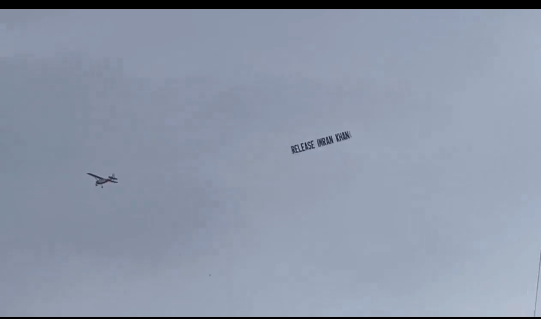 A plane displaying the phrase ‘Release Imran Khan’ was observed flying during the T20 World Cup match between India and Pakistan in New York